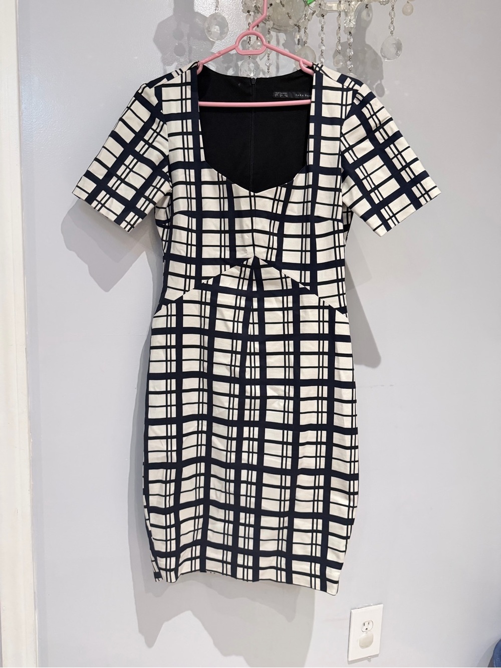 Zara Navy & White Plaid Midi Sheath Dress